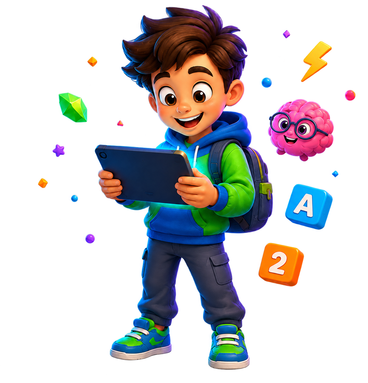 Criança se divertindo com os jogos educativos em um tablet