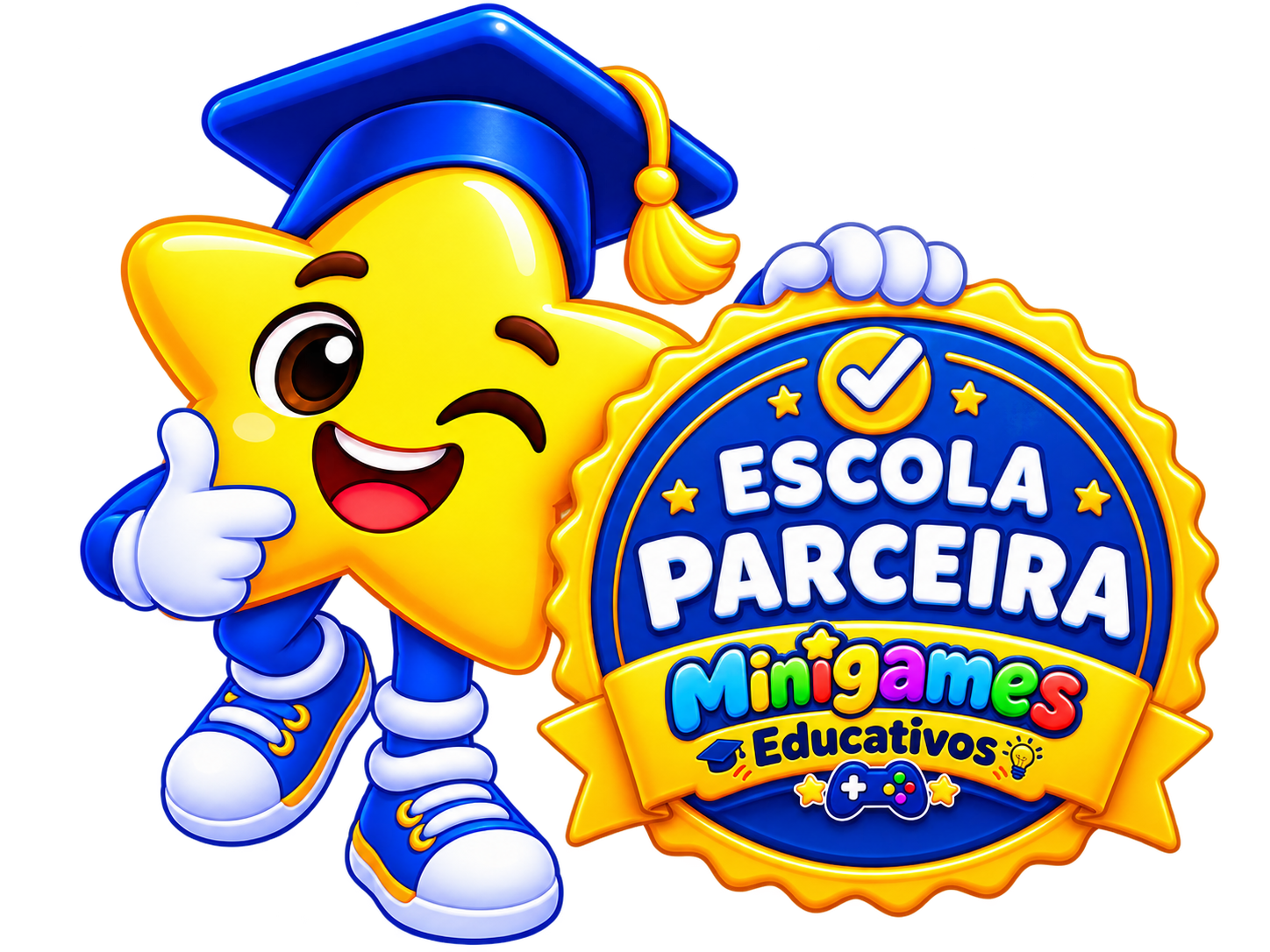 Mascote do Minigames Educativos com selo Escola Parceira